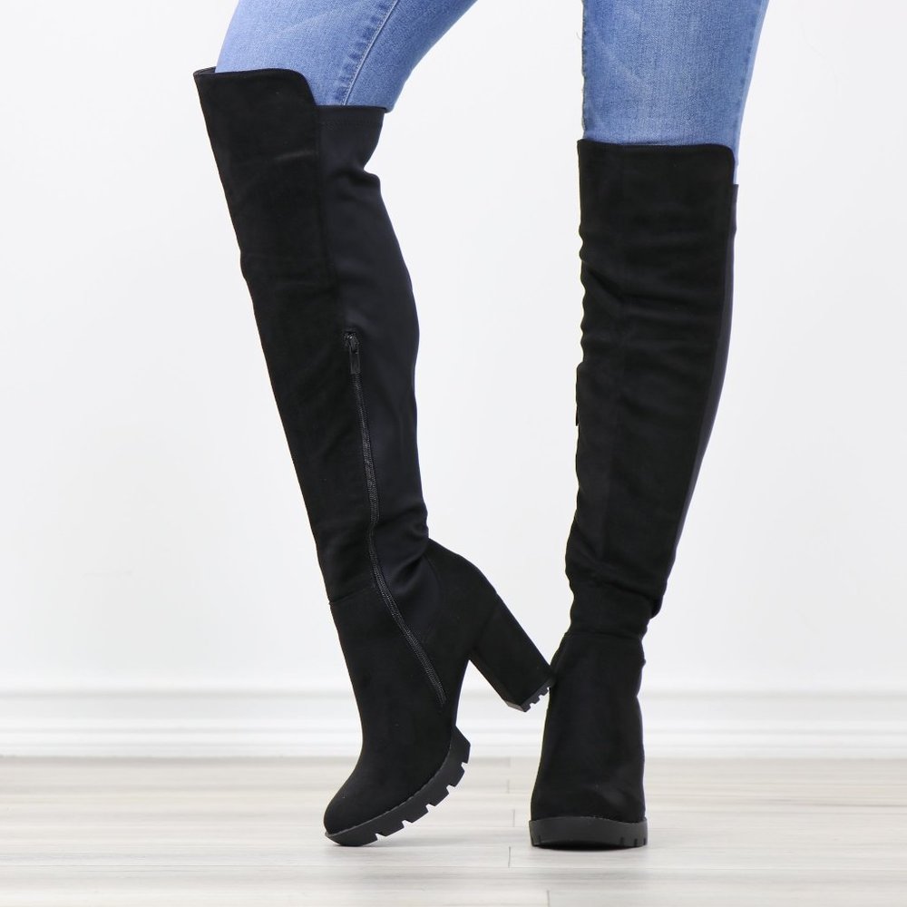 Black Faux Suede Round Toe Thigh High Over The Knee Lug Block Heel Boots - Picture 13 of 14